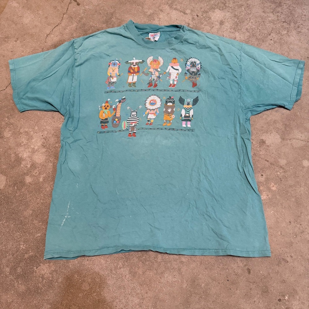 Vintage Hanes T-Shirt Mens 2XL Teal Beefy-T Kachina Doll Graphic Cotton USA Made